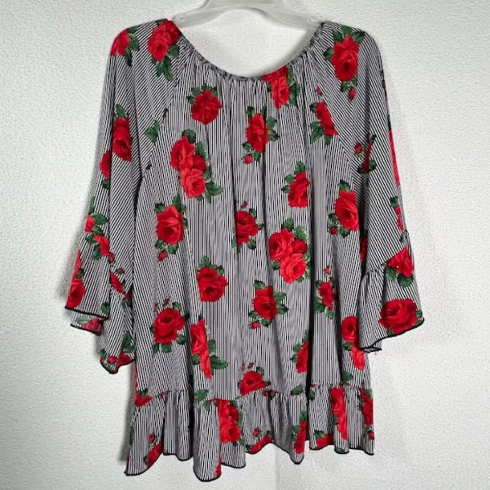FREE KISSES Casual Blouse Women Scoop Neck Stripes & Roses Tunic Plus Size 3X - Picture 3 of 6